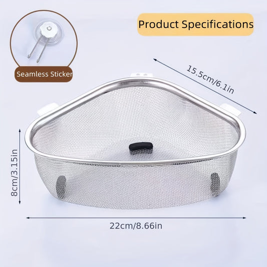 1pc, Stainless Steel Triangle Corner Strainer - Easy to Clean Leftover Residue Filter Mesh Drain Basket for Kitchen - Standing and Hanging Dual-use Style - Cost-effective and Creative Kitchen Supplies and Gadgets