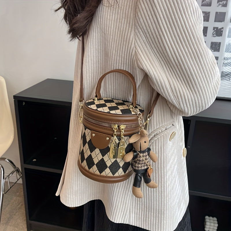 Mini Argyle Pattern Handbag, Fashion Cylinder Bucket Purse, Women's Crossbody Bag With Bunny Doll (6.24*5.46*4.68) Inch - KYAAN