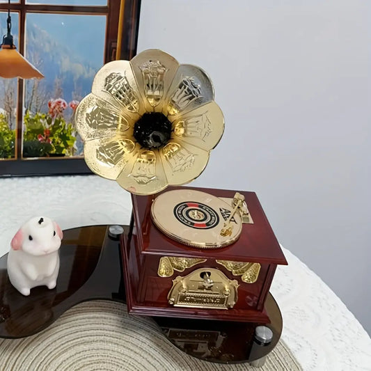 Vintage Gramophone Music Box Collectible Figurine, Handcrafted Wooden Design, Versatile Indoor & Outdoor Decor, No Electricity Required - KYAAN