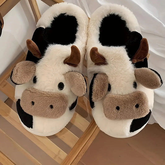 Cute Cow Design Slippers, Casual Slip On Plush Lined Shoes, Comfortable Indoor Home Slippers - KYAAN