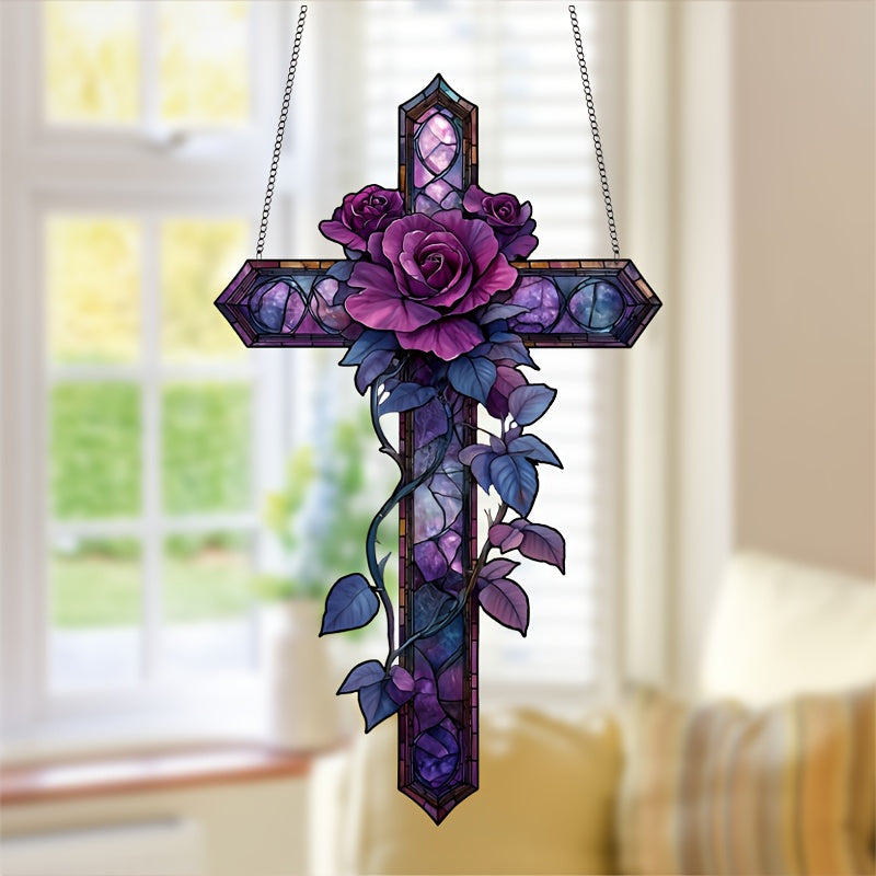 Purple Rose Cross Acrylic Suncatcher - 7.1" x 11.8" - Home Wall Hanging Decor for Living Room, Bedroom, Porch, Office, Large Room, Kitchen, Bathroom, Bar, Garage - Ideal Baptism Gift for Best Friends