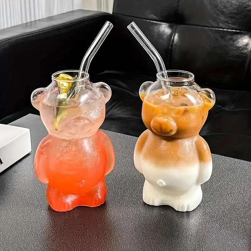 4pcs Of 10.93oz, With 4 Straws And A Brush, Insulated Cute Teddy Bear Glass Cup, Multi-purpose Latte, Juice, Milk, Water, Hand Wash Only, Reusable High Footed Glass Beverage Container - KYAAN