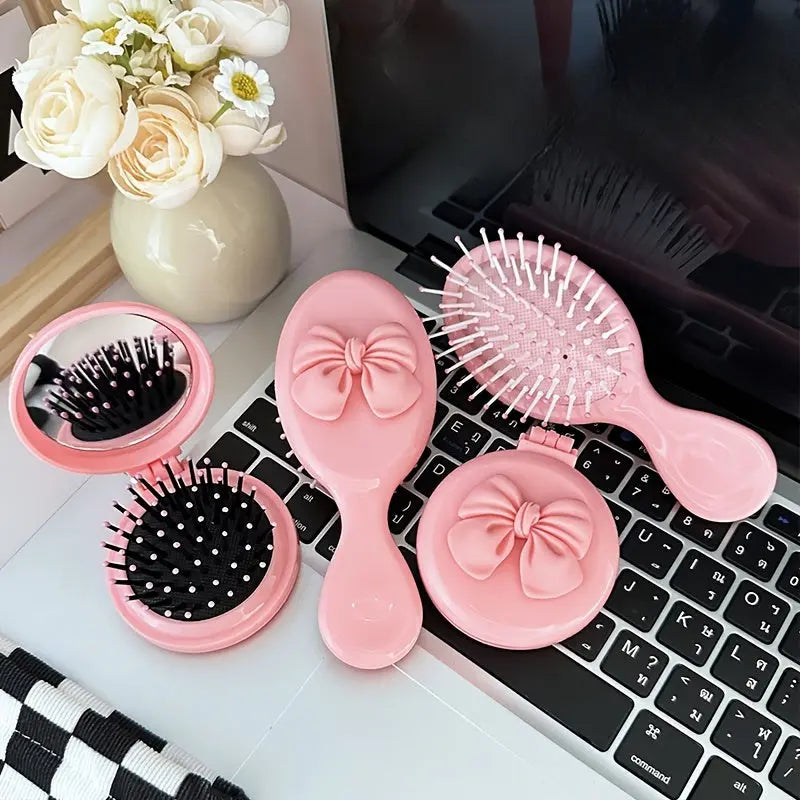 GUYAN Butterfly Bow Hair Brush Set, Air Cushioned Detangling Combs with Mirror, Portable Scalp Massage Hairbrush for Normal Hair, ABS Plastic Bristle & Handle - Compact & Lightweight for On-the-Go Styling - KYAAN