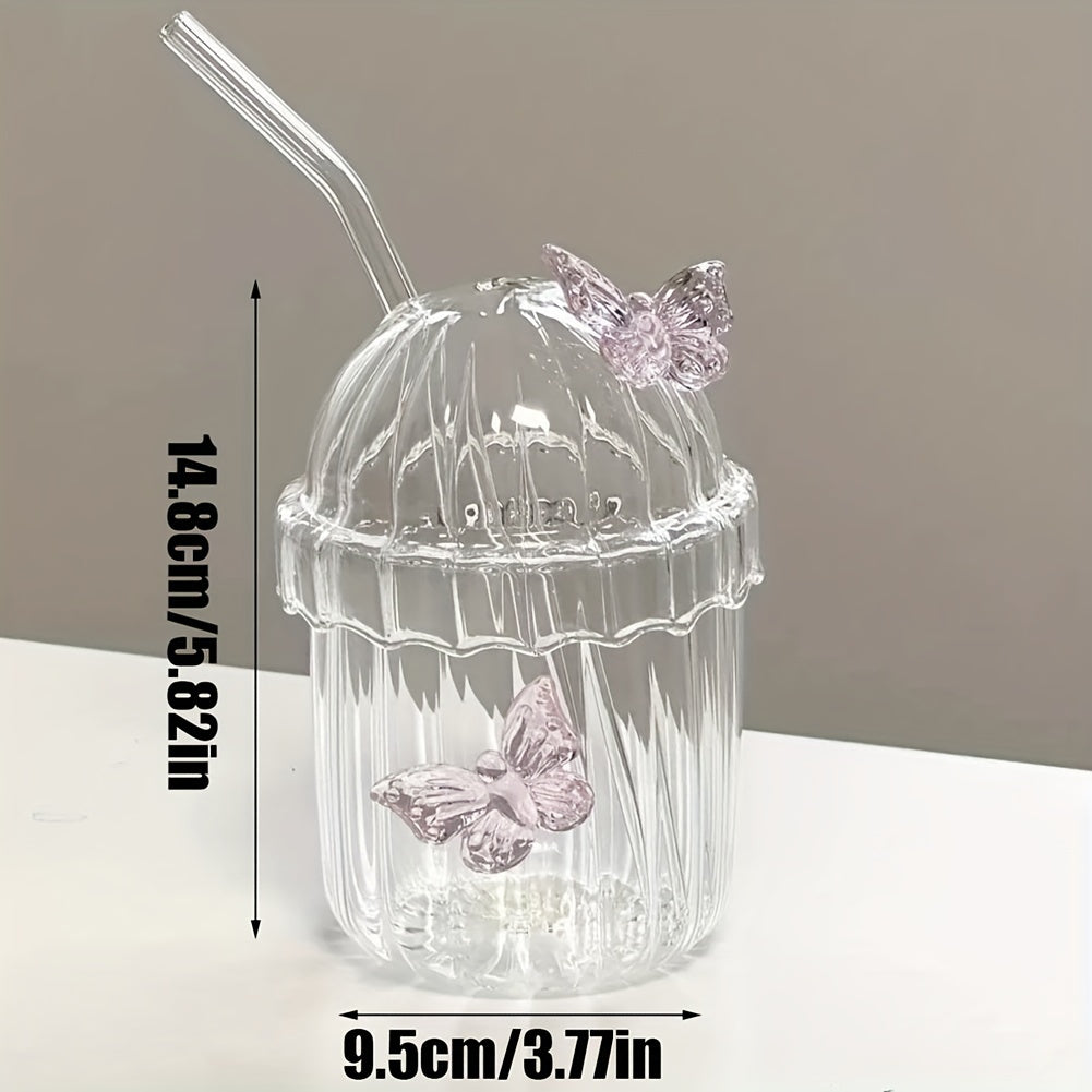 Chic Pink Butterfly Glass Cup Set with Lid & Straw - 14oz Reusable Drinking Glass for Iced Coffee, Juice, Milk, Cocktails - Sustainable, Handwash Only - KYAAN