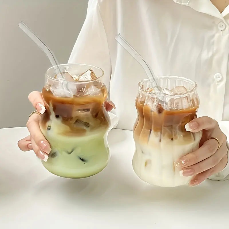 2pcs Glass Cups With Straws, Glass Coffee Cup, Transparent Water Cup For Home And Office - KYAAN