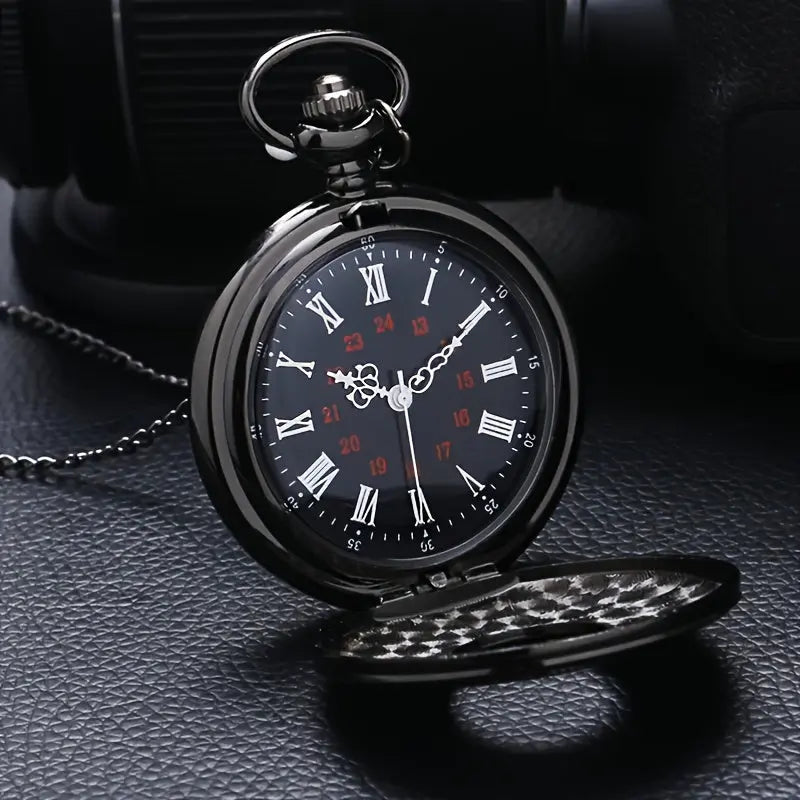 1pc Vintage Style Black Quartz Pocket Watch - KYAAN