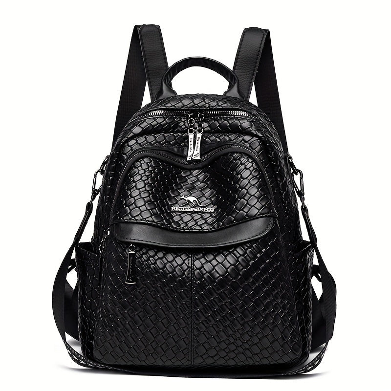 Fashion Black PU Leather Backpack With Woven Pattern, Small Casual Daypack, Versatile Travel Bag With Rivets Decor Strap - KYAAN