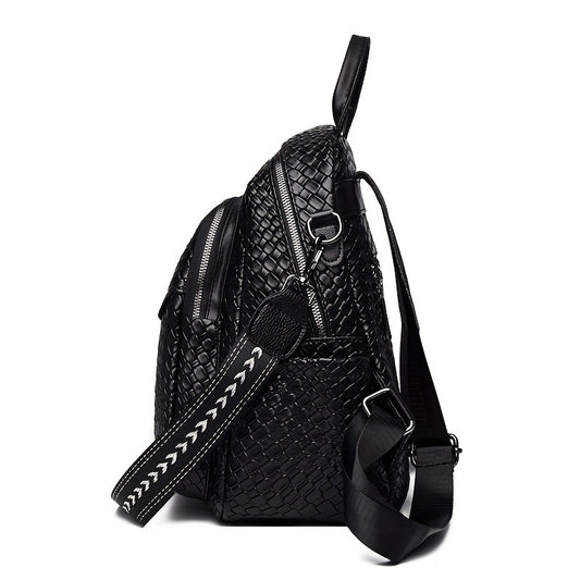 Fashion Black PU Leather Backpack With Woven Pattern, Small Casual Daypack, Versatile Travel Bag With Rivets Decor Strap - KYAAN