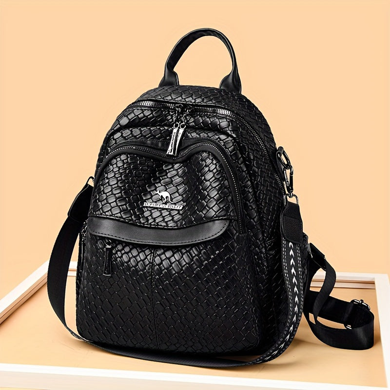 Fashion Black PU Leather Backpack With Woven Pattern, Small Casual Daypack, Versatile Travel Bag With Rivets Decor Strap - KYAAN