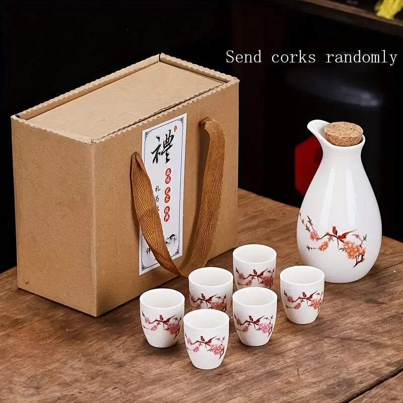 1 Set Ceramic Sake Set, Sake Cup, Including 1 Pot And 6 Cups, Ceramic White Liquor Pot, Traditional Ceramic Craft Sake Cup, Suitable For Home Sushi Restaurant Hotel Wedding, Drinkware, DS9195 - KYAAN