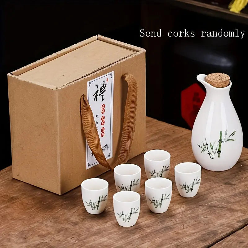 1 Set Ceramic Sake Set, Sake Cup, Including 1 Pot And 6 Cups, Ceramic White Liquor Pot, Traditional Ceramic Craft Sake Cup, Suitable For Home Sushi Restaurant Hotel Wedding, Drinkware, DS9195 - KYAAN