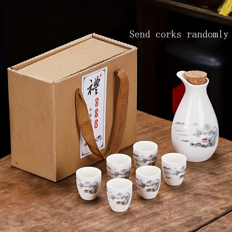 1 Set Ceramic Sake Set, Sake Cup, Including 1 Pot And 6 Cups, Ceramic White Liquor Pot, Traditional Ceramic Craft Sake Cup, Suitable For Home Sushi Restaurant Hotel Wedding, Drinkware, DS9195 - KYAAN