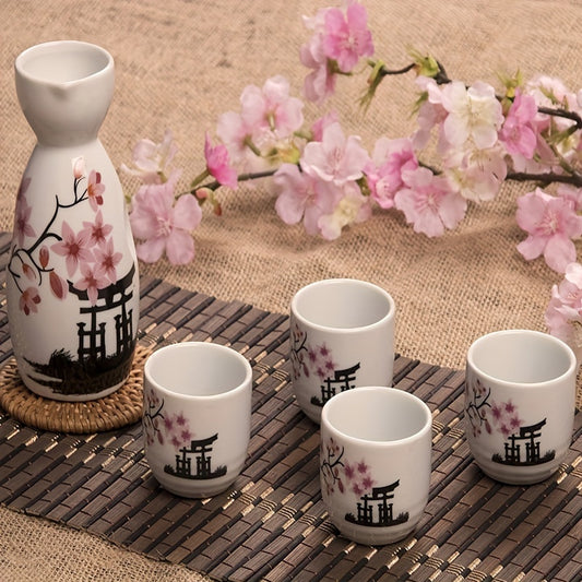 Hand Painted Ceramic Japanese Sake Set with White and Pink Flower Blossoms, 5 Piece - Ideal Birthday Gift and Collectible, Hand Wash Only - KYAAN