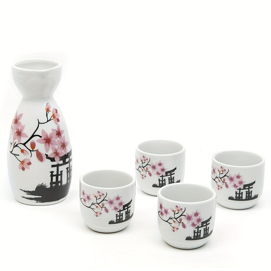 Hand Painted Ceramic Japanese Sake Set with White and Pink Flower Blossoms, 5 Piece - Ideal Birthday Gift and Collectible, Hand Wash Only - KYAAN