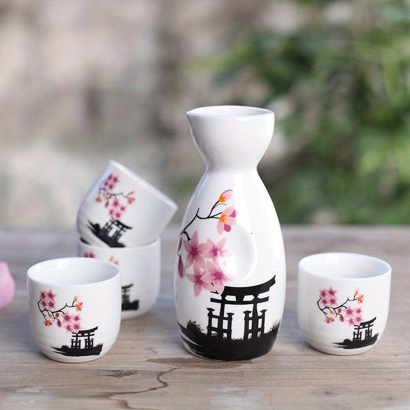 Hand Painted Ceramic Japanese Sake Set with White and Pink Flower Blossoms, 5 Piece - Ideal Birthday Gift and Collectible, Hand Wash Only - KYAAN