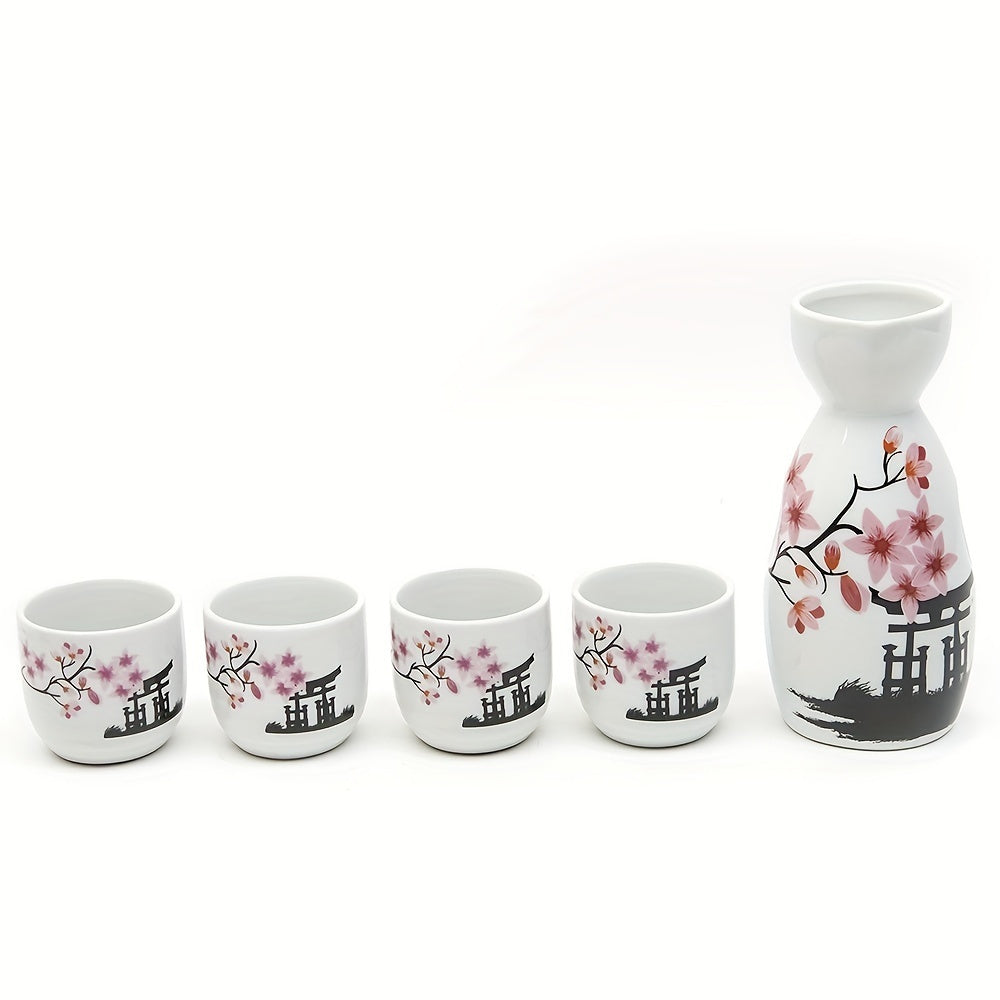 Hand Painted Ceramic Japanese Sake Set with White and Pink Flower Blossoms, 5 Piece - Ideal Birthday Gift and Collectible, Hand Wash Only - KYAAN