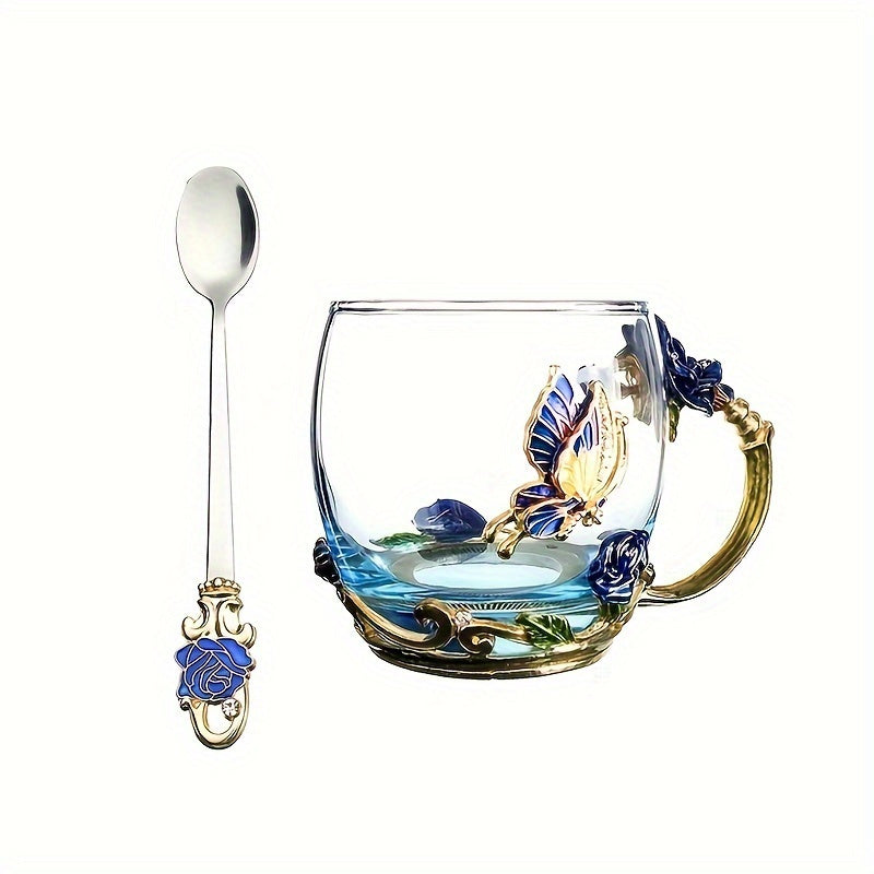 Enchanting Butterfly & Rose Enamel Glass Tea Cup Set with Spoon - Reusable, High Borosilicate Glass for Hot and Cold Beverages - Perfect Gift Idea - KYAAN