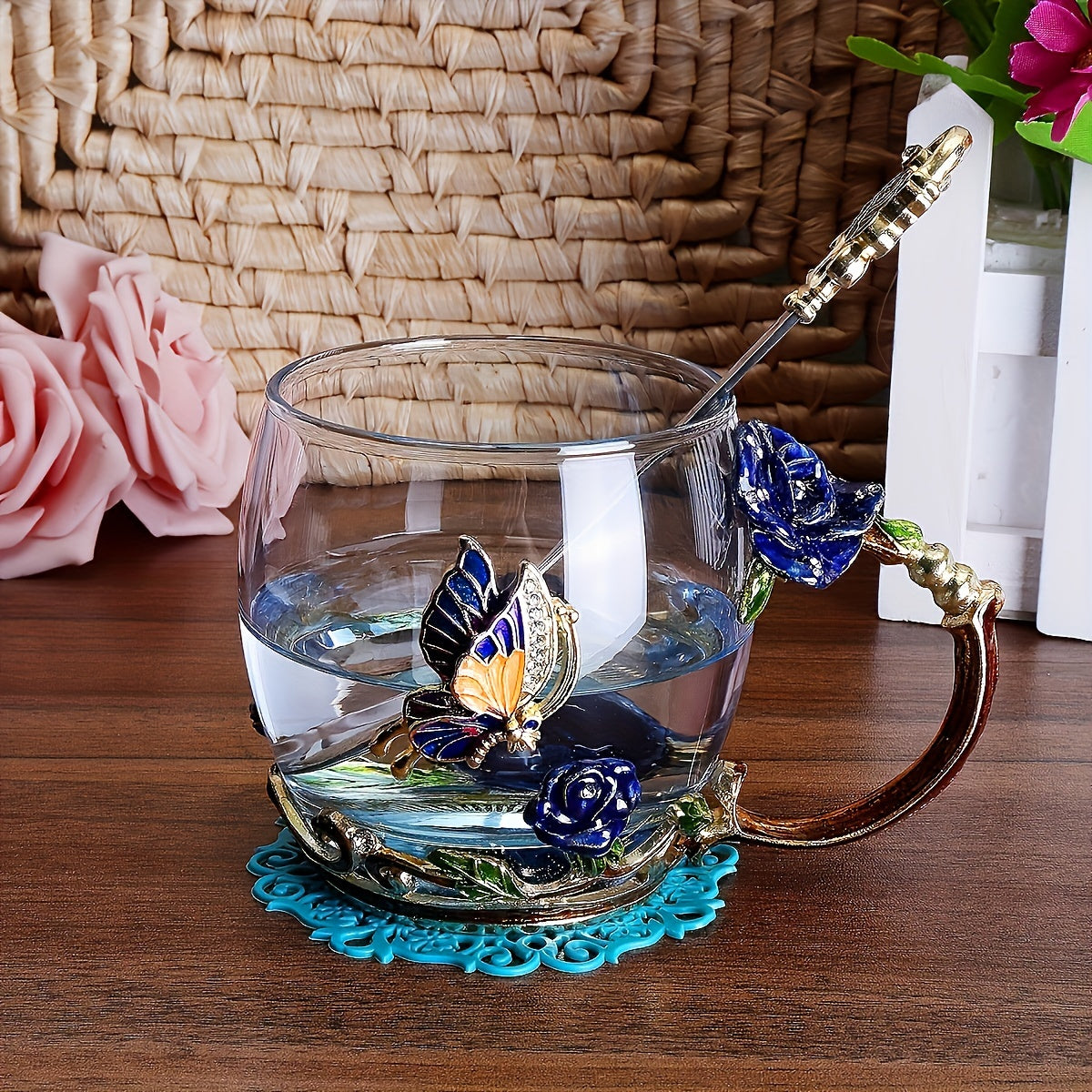 Enchanting Butterfly & Rose Enamel Glass Tea Cup Set with Spoon - Reusable, High Borosilicate Glass for Hot and Cold Beverages - Perfect Gift Idea - KYAAN