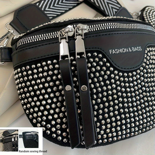 Chic Rhinestone Fanny Pack With Mini Wallet - Double Zipper Shoulder Bag For Women, Fashionable Solid Color Crossbody Purse - KYAAN