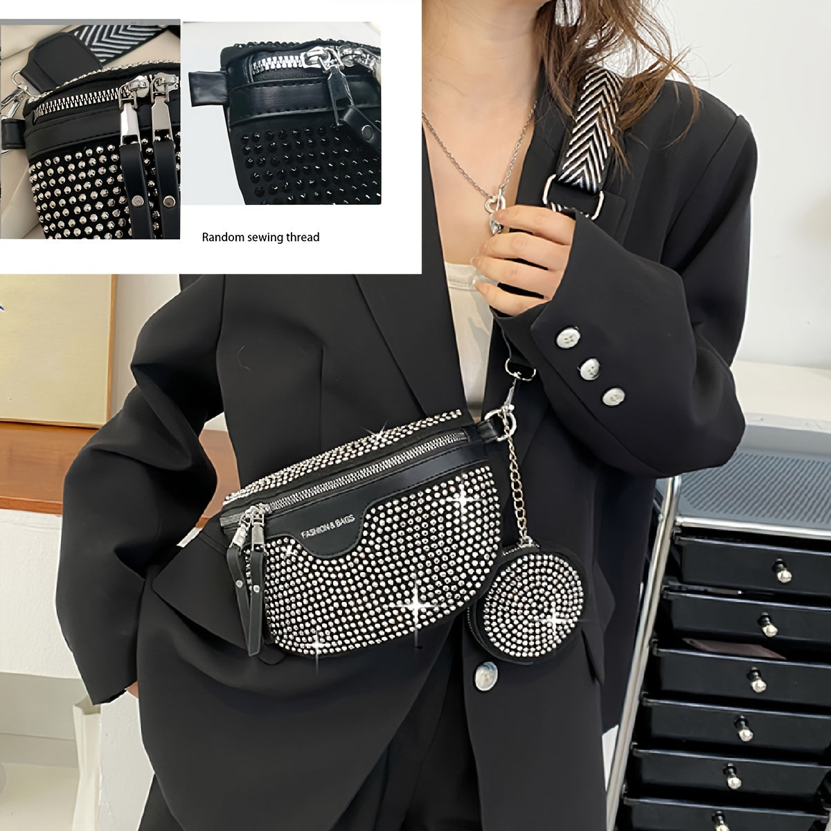 Chic Rhinestone Fanny Pack With Mini Wallet - Double Zipper Shoulder Bag For Women, Fashionable Solid Color Crossbody Purse - KYAAN