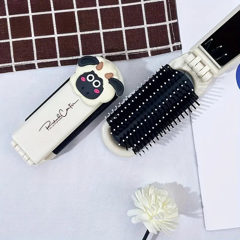 1pc Folding Hair Comb, Airbag Hair Brush With Mirror, Scalp Massage Brush, Lovely Bowknot Decoration Comb, Cute Cartoon Sheep Decorative Comb Portable Hair Styling Tool - KYAAN