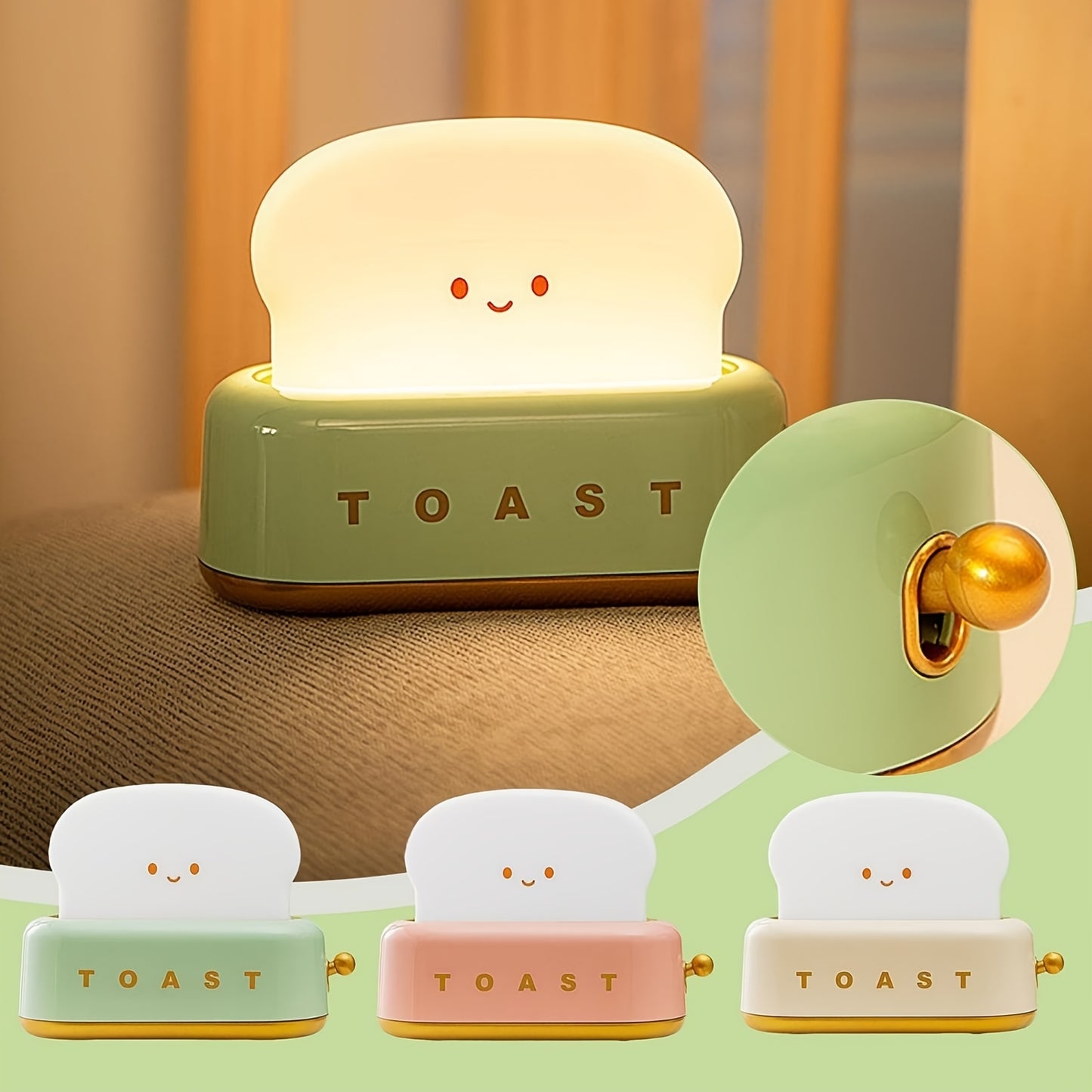 3000K USB Rechargeable Cute Toaster Shape LED Table Lamp, Heartwarming Decorative Table Lamp Toast Bread LED Night Light Creative Design Bread Night Light Suitable for Family use Perfect Birthday Christmas Gift(Green/Orange/Pink) - KYAAN