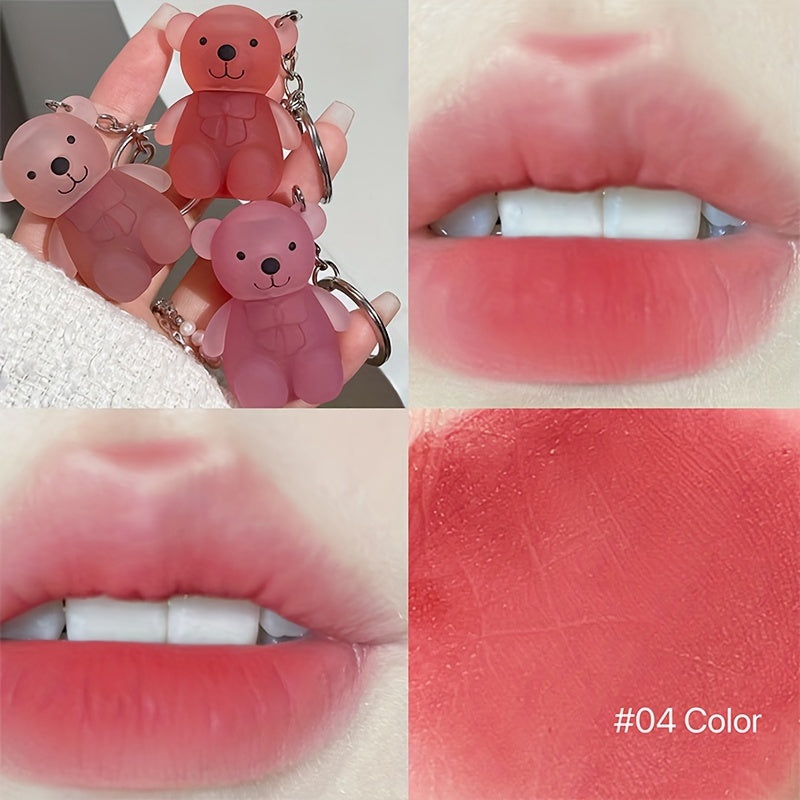 Cute Bear Velvet Lip Clay Matte Lip Glaze, Silky Low Saturation Lip Color With Keychain For Easy Carrying - KYAAN