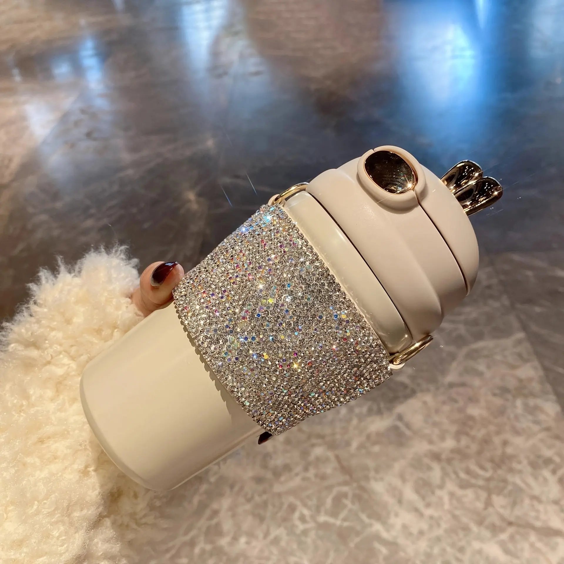 Luxury Stainless Steel Insulated Tumbler with Glittering Rhinestones, Crossbody Portable Travel Cup with Straw - Festive, Reusable Drinkware for Oktoberfest, Christmas, Halloween, Valentine's Day - KYAAN