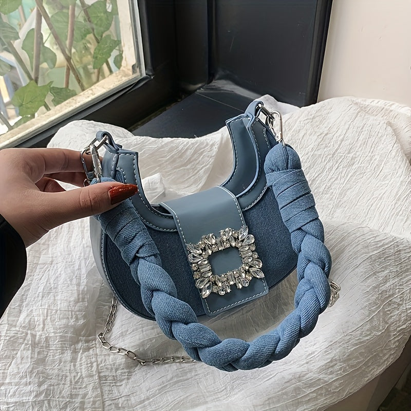 Trendy Denim Shoulder Bag, Y2K Rhinestone Buckle Crescent Bag, Women's Handbag With Braided Handle - KYAAN