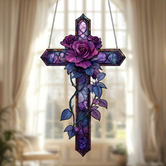 Purple Rose Cross Acrylic Suncatcher - 7.1" x 11.8" - Home Wall Hanging Decor for Living Room, Bedroom, Porch, Office, Large Room, Kitchen, Bathroom, Bar, Garage - Ideal Baptism Gift for Best Friends