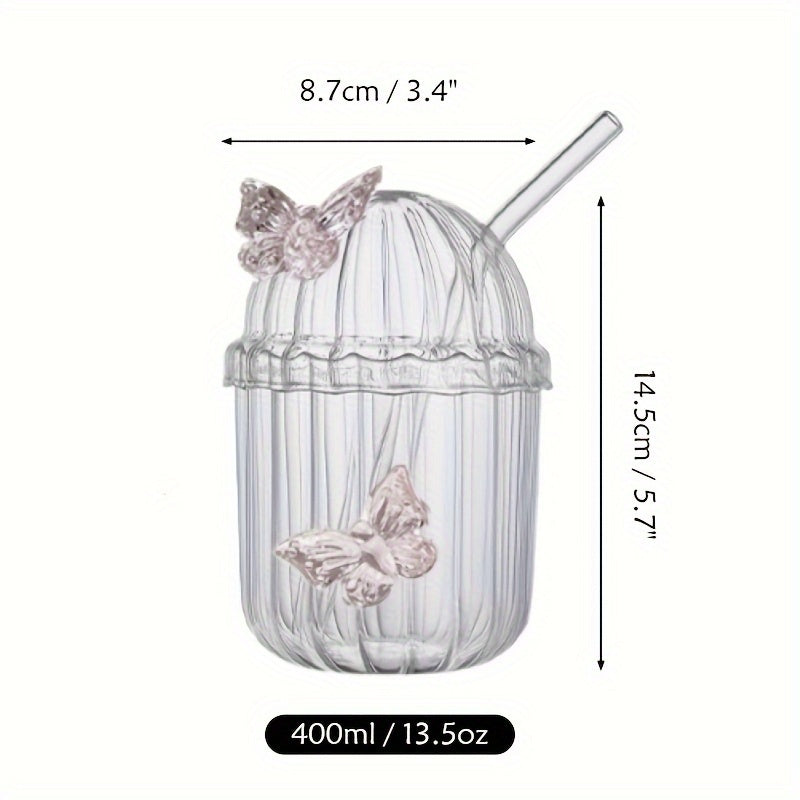 Festive 14oz Butterfly Glass Cup with Glass Lid and Straw - Perfect for Cold Drinks, Cocktails, and Milkshakes - Striped Design, Free of Lead, and Reusable - Suitable for Christmas, Valentine's Day, Mother's Day, Graduation, Oktoberfest, and More - KYAAN