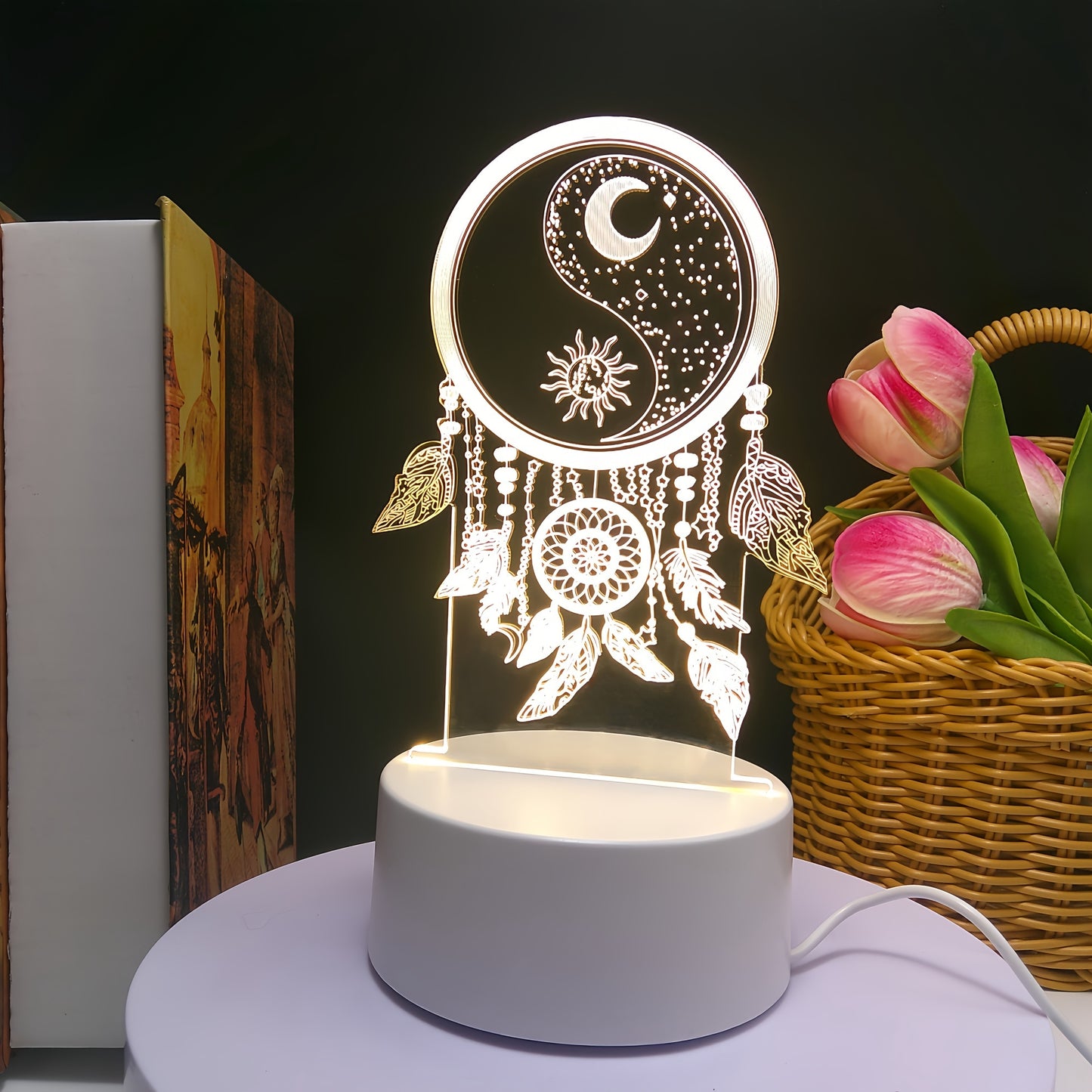 Dreamcatcher 3D Night Light - Warm Monochrome LED with Switch, USB Powered, Perfect Home Decor Gift - KYAAN