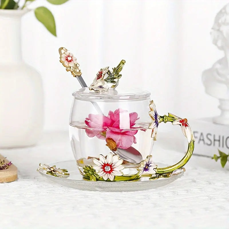 Daisy Enamel Glass Tea Cup Set - 10.82oz/11.83oz, Lead-Free, Reusable for Coffee, Milk, Juice - Perfect for Home & Office, Ideal Gift for Christmas, Valentine's, Thanksgiving - KYAAN