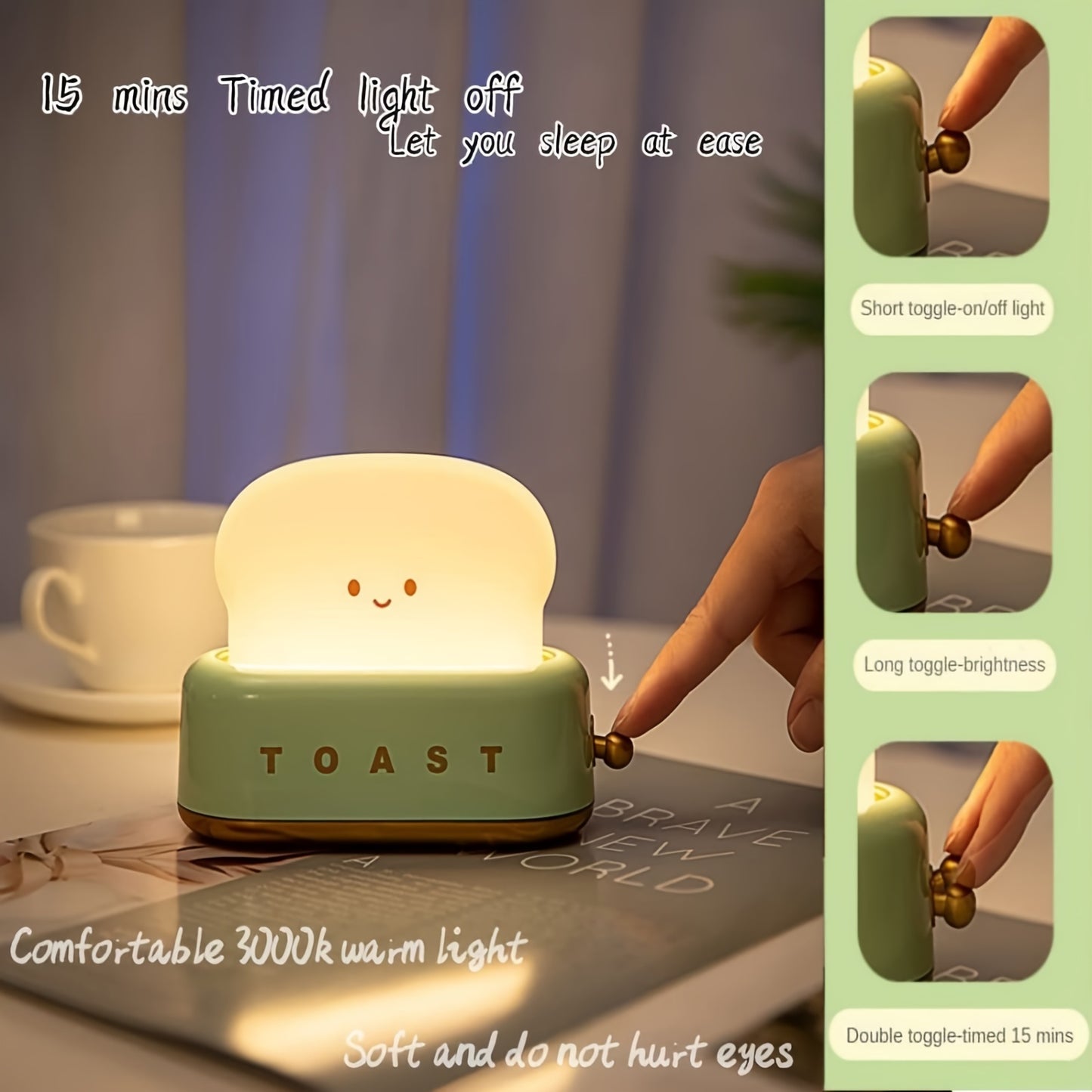 3000K USB Rechargeable Cute Toaster Shape LED Table Lamp, Heartwarming Decorative Table Lamp Toast Bread LED Night Light Creative Design Bread Night Light Suitable for Family use Perfect Birthday Christmas Gift(Green/Orange/Pink) - KYAAN