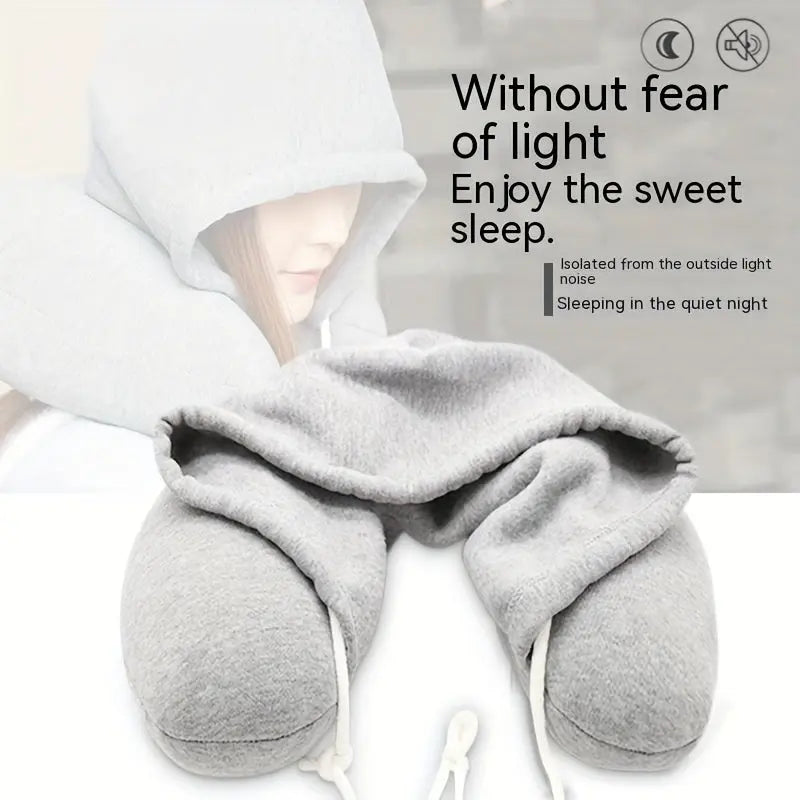 Hooded U-Shaped Travel Pillow, Comfortable Portable Neck Pillow With Sunshade For Car, Office Nap, Lightweight Compact Pillow For Sleeping On-the-go, Adjustable Drawstring Closure - KYAAN