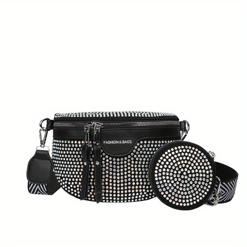 Trendy Rhinestone Chest Bag With Round Coin Purse, Punk Style Crossbody Bag, Women's Waist Bag For Street Wear - KYAAN