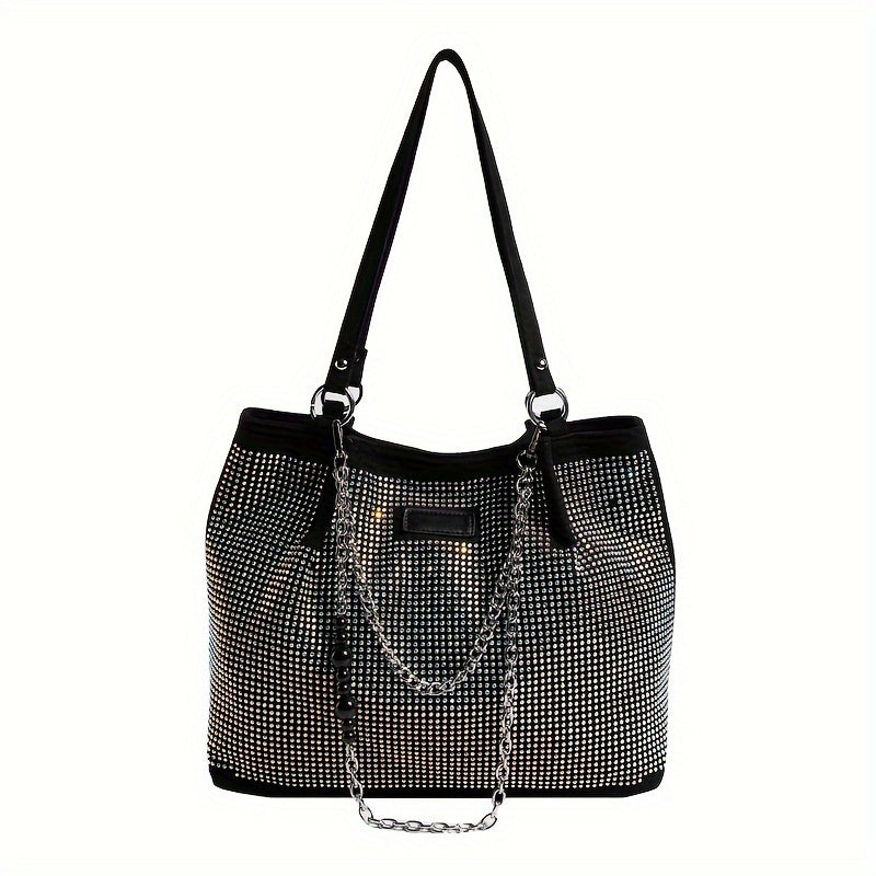 Shiny Rhinestone Shoulder Bag, Trendy Chain Decor Tote Bag, Glitter Bling-Bling Handbag For Women - KYAAN