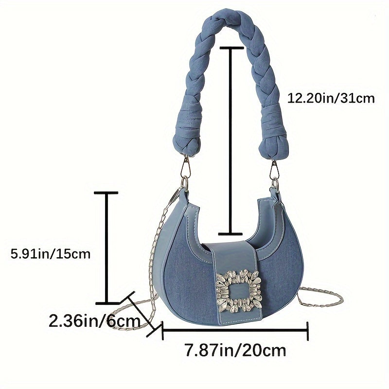 Trendy Denim Shoulder Bag, Y2K Rhinestone Buckle Crescent Bag, Women's Handbag With Braided Handle - KYAAN