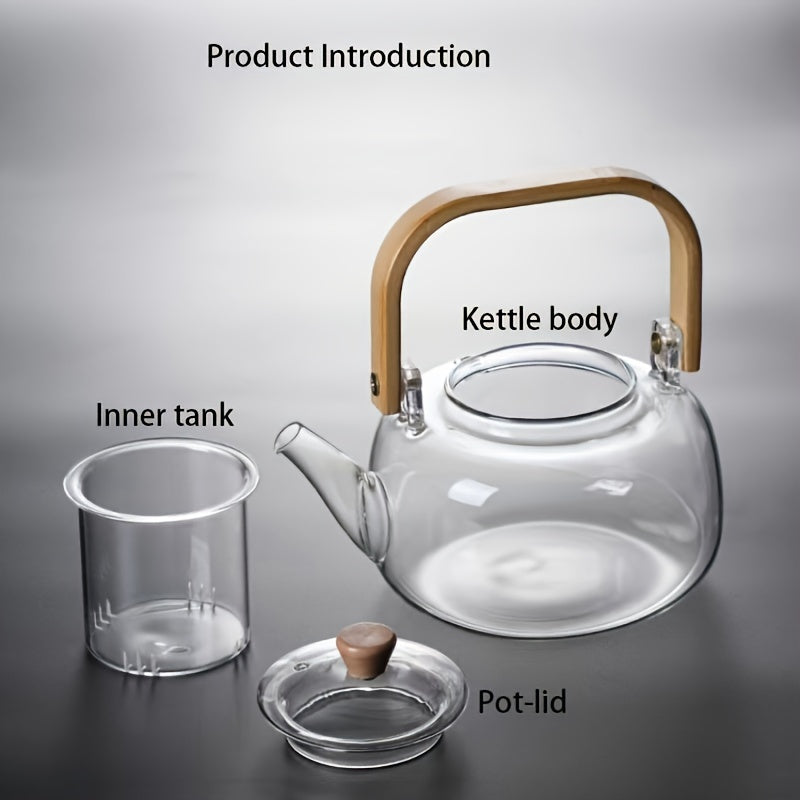 32.12oz Tea Water Separation Glass Teapot With Bamboo Handle, Heat Resistant Borosilicate Glass Tea Kettle With Tea Strainer, Clear Glass Teapot - KYAAN