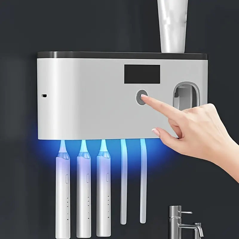 Wall-Mounted Intelligent Toothbrush Disinfector With 5 Slots, Integrated Toothpaste Dispenser, UV Sterilization, Bathroom Storage Rack & Organizer, Home Accessory - KYAAN