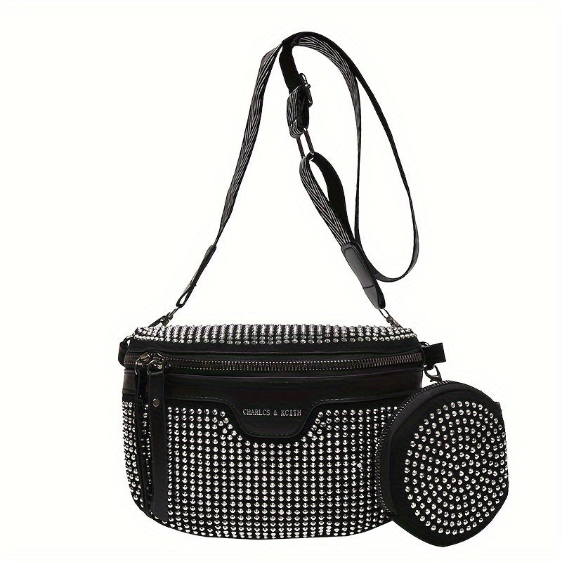 Chic Rhinestone Fanny Pack With Mini Wallet - Double Zipper Shoulder Bag For Women, Fashionable Solid Color Crossbody Purse - KYAAN