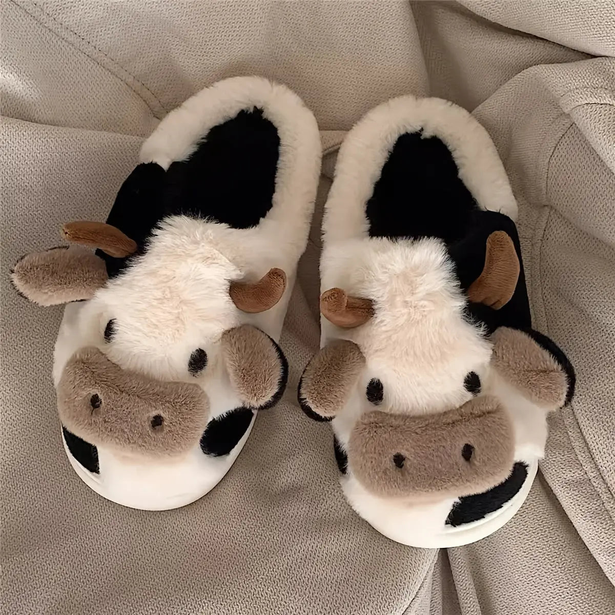 Cute Cow Design Slippers, Casual Slip On Plush Lined Shoes, Comfortable Indoor Home Slippers - KYAAN