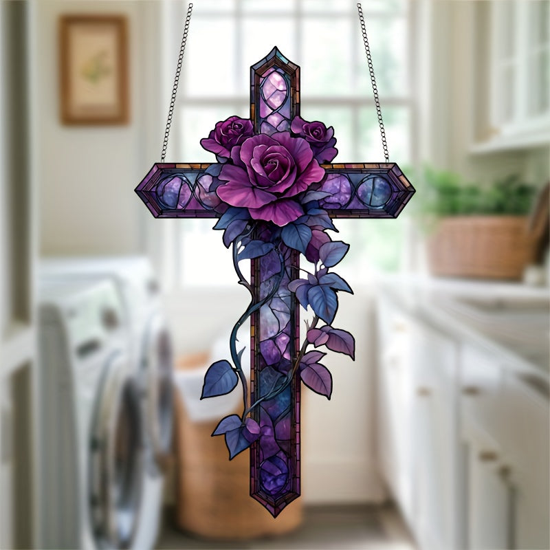 Purple Rose Cross Acrylic Suncatcher - 7.1" x 11.8" - Home Wall Hanging Decor for Living Room, Bedroom, Porch, Office, Large Room, Kitchen, Bathroom, Bar, Garage - Ideal Baptism Gift for Best Friends