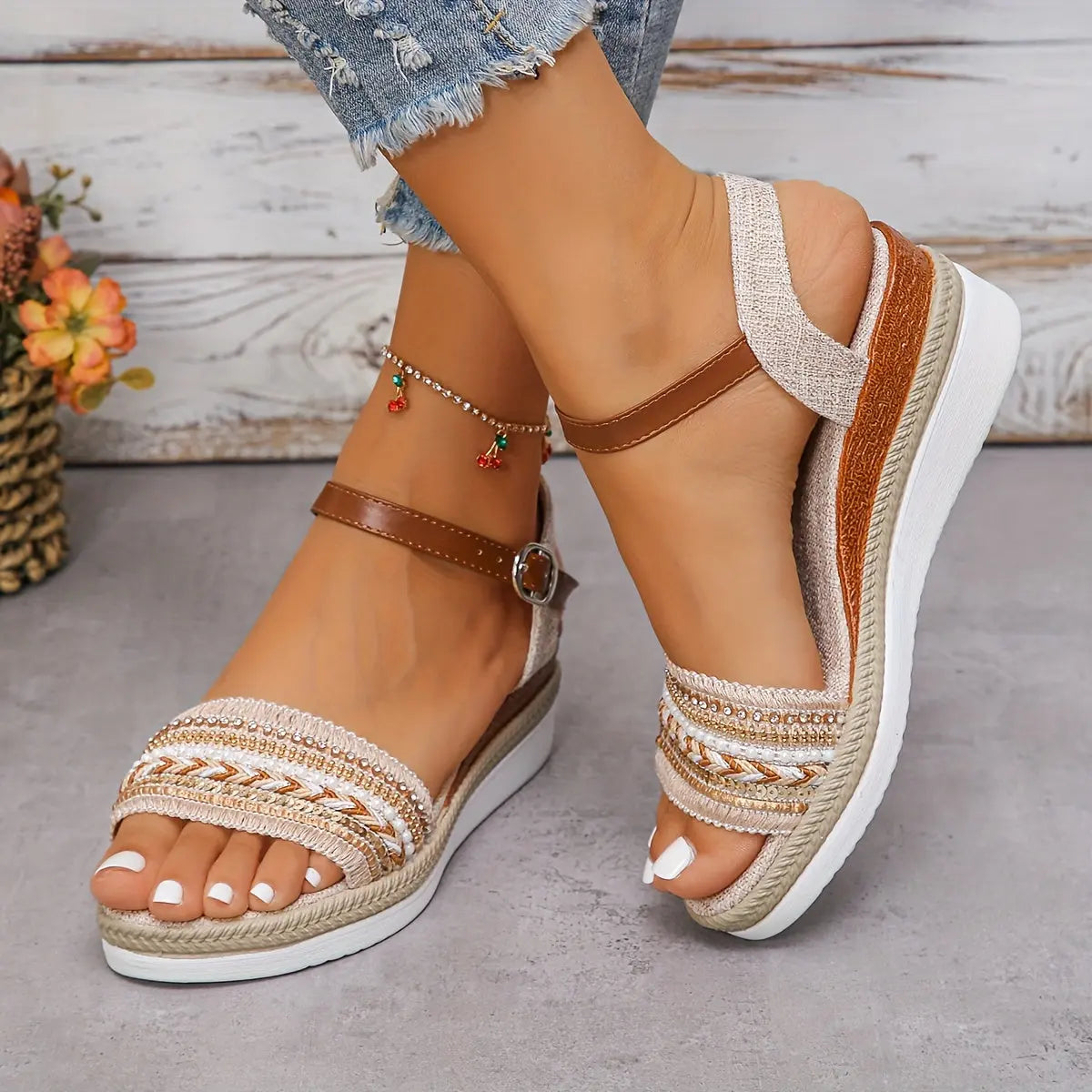 Women's Sequins Decor Wedge Heeled Sandals, Casual Open Toe Platform Shoes, Comfortable Buckle Strap Sandals - KYAAN