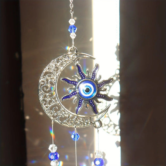 1pc Evil Eye Moon Sun Crystal Suncatcher Hanging Ornament for Home Window Garden Decoration, Glass Material - KYAAN