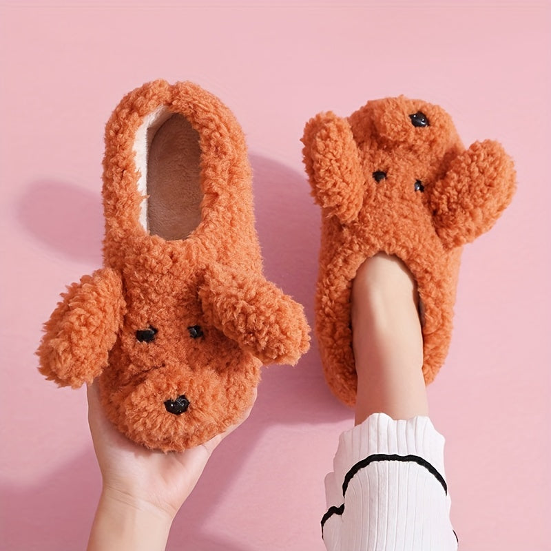 Cute Puppy Plush House Slippers, Cozy & Warm Soft Sole Slip On Fuzzy Shoes, Winter Cartoon Novelty Slippers - KYAAN