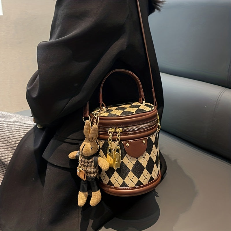 Mini Argyle Pattern Handbag, Fashion Cylinder Bucket Purse, Women's Crossbody Bag With Bunny Doll (6.24*5.46*4.68) Inch - KYAAN