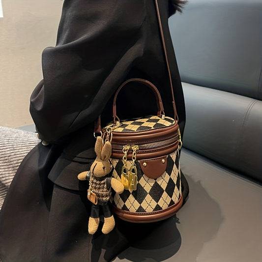 Mini Argyle Pattern Handbag, Fashion Cylinder Bucket Purse, Women's Crossbody Bag With Bunny Doll (6.24*5.46*4.68) Inch - KYAAN