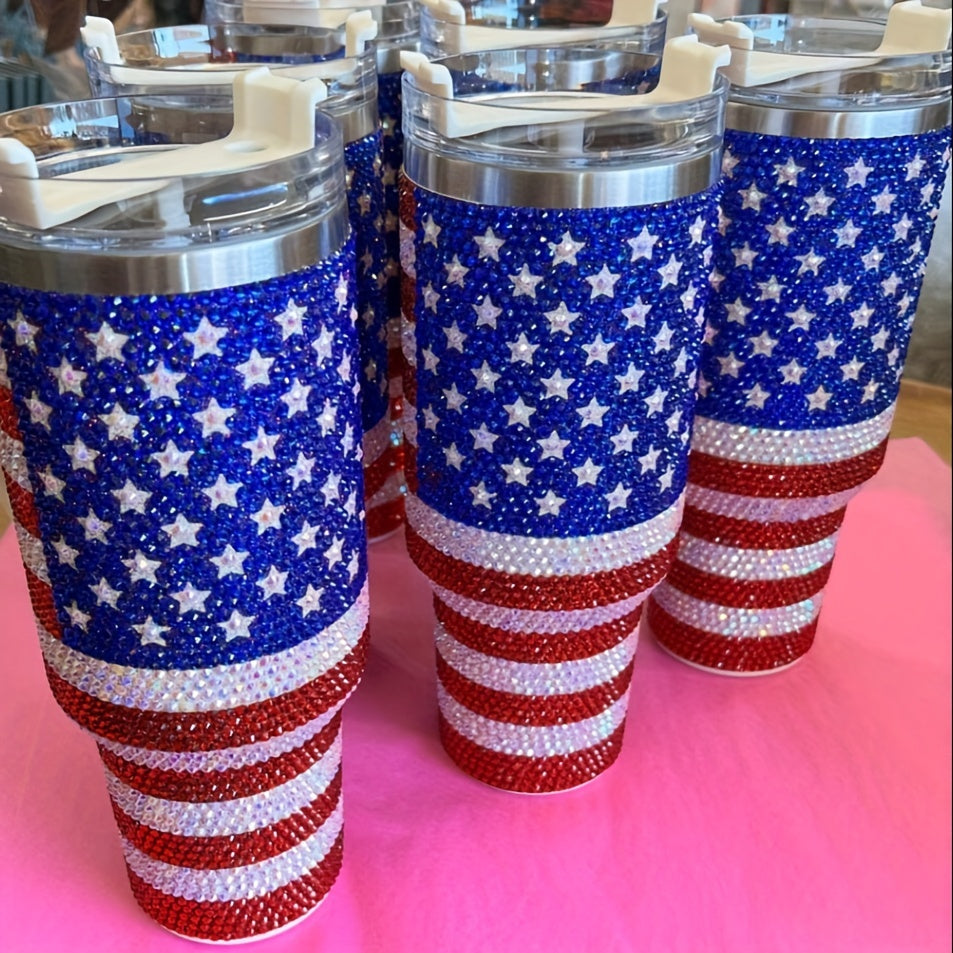 URFOCUSMALL 40OZ American Flag Crystal-Encrusted Travel Mug - 304 Stainless Steel - Outdoor Water Bottle - 14+ Years Old - KYAAN