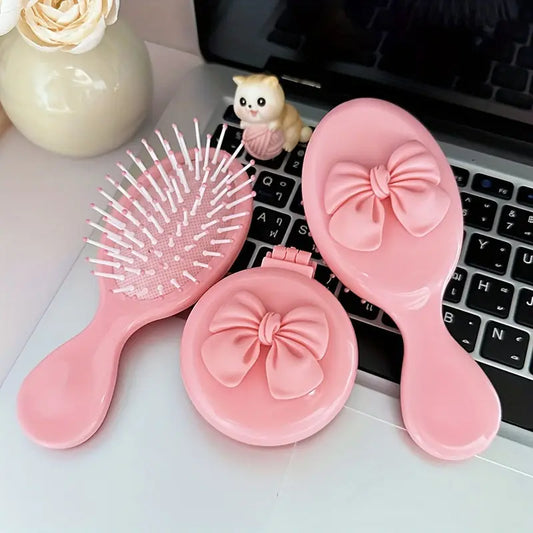 GUYAN Butterfly Bow Hair Brush Set, Air Cushioned Detangling Combs with Mirror, Portable Scalp Massage Hairbrush for Normal Hair, ABS Plastic Bristle & Handle - Compact & Lightweight for On-the-Go Styling - KYAAN